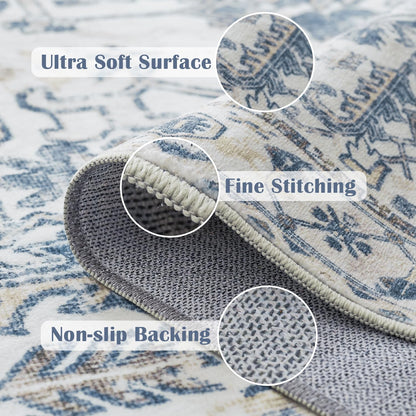 jinchan Lima Hallway Runner Rug 2x10 Washable - Vintage Floral Non Slip Low-Pile Soft Ultra-Thin Faux Wool Kitchen Rug Distressed Carpet Runner for Farmhouse Bedroom Laundry (2x10ft, Blue)