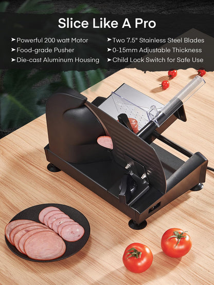 FOHERE Electric Meat Slicer 200W Deli Slicer for Home with Removable Two 7.5” Blades, 0-15mm Precision Thickness Adjustment Knob Cut Deli Food, Meat Ham Bread Fruit, Include Food Carriage, Black
