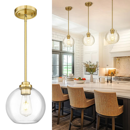 JAZAVA 8 inch Modern Gold Pendant Light Fixtures, Mid Century Globe Pendant Lights with Clear Glass, 1 Light Hanging Lights for Kitchen Island, Bathroom, Dining Room (1 Pack), PL101BG-L