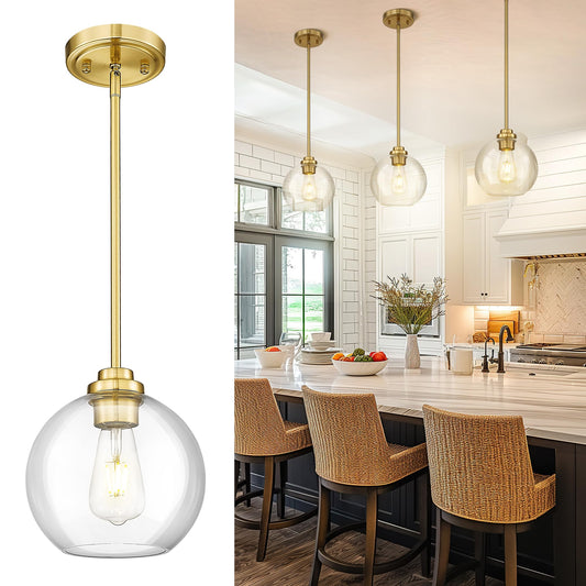 JAZAVA 8 inch Modern Gold Pendant Light Fixtures, Mid Century Globe Pendant Lights with Clear Glass, 1 Light Hanging Lights for Kitchen Island, Bathroom, Dining Room (1 Pack), PL101BG-L