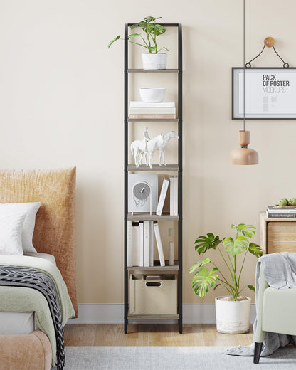 Hzuaneri Bookshelf Bookcase Narrow Bookcase Shelf Organizer with Steel Frame for Study Living Room Bedroom Kitchen Home Office Industrial Bookshelf 6-Tier Greige BC56005B