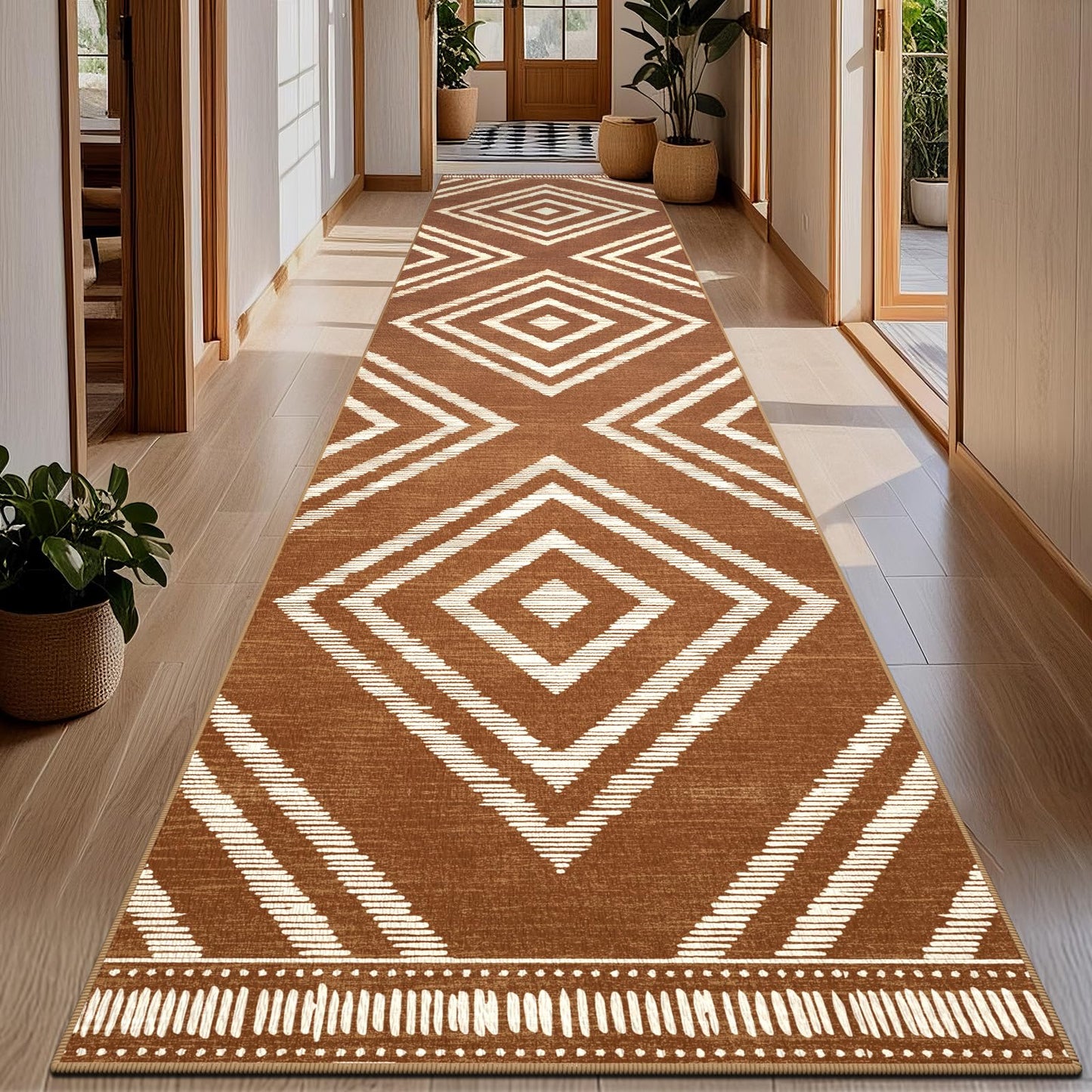 Geanlod Boho Hallway Runner Rugs 2.6x14ft Non Slip, Long Brown Washable Entryway Rug Runners Non Shedding, Geometric Kitchen Floor Carpets for Doorway Entrance Farmhouse Living Room Home Decor