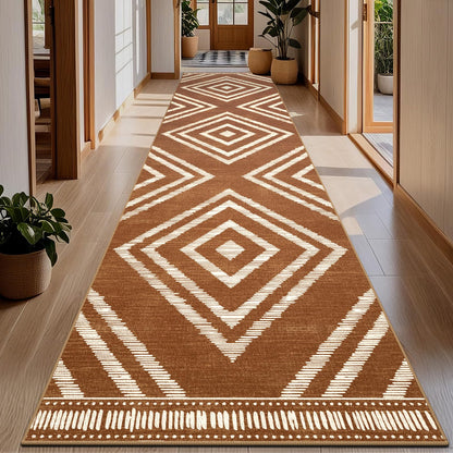 Geanlod Boho Hallway Runner Rugs 2.6x14ft Non Slip, Long Brown Washable Entryway Rug Runners Non Shedding, Geometric Kitchen Floor Carpets for Doorway Entrance Farmhouse Living Room Home Decor