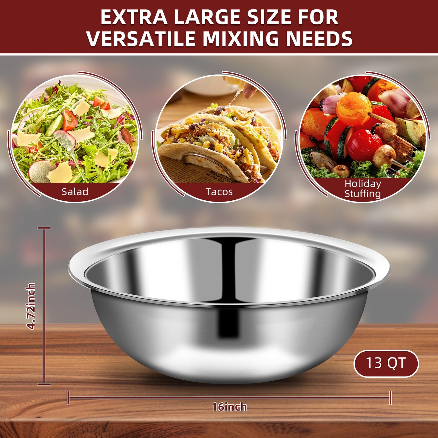TREEHAC 6 Pcs Stainless Steel Mixing Bowls Metal Mixing Bowls Extra Large Basin Salad Bowl with Deeper Edge, Dishwasher Safe, Mirror Finish for Home and Commercial, Silver (16 Inch 13 Qt)