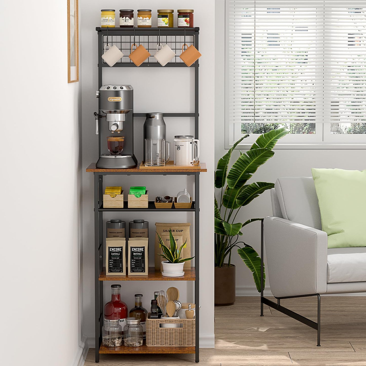 5 Tier Coffee Bar Station, Kitchen Stand with 4 S-Shaped Hooks, Farmhouse Corner Coffee Bar Cabinet for Small Spaces, Bakers Rack for Kitchen, Entryway, Living Room, 13.43"D x 18.93"W x 53.31"H