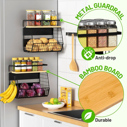 2 Set Magnetic Shelf for Refrigerator with Wood Lid, Fruit Potato & Onion Storage Bins, Pantry Organizers & Storage, Large Container Magnetic Spice Rack for Refrigerator, Kitchen Counter, Cabinet
