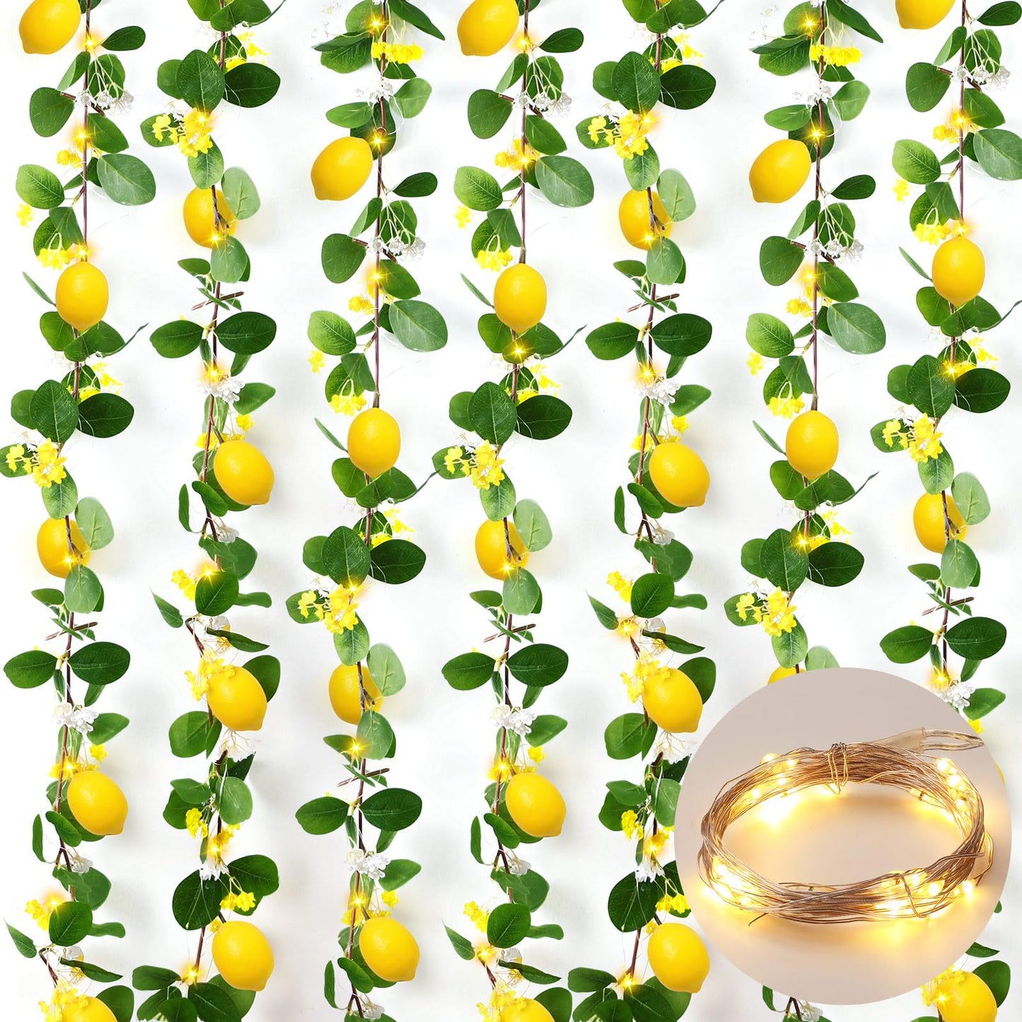 FineCheer 6 Pcs 5.74 ft Artificial Lemon Garland Lemon Vine Garland with Greenery Fake Fruit Party Decoration with Battery Powered Light for Home Door Wall Mantel Wedding Kitchen Table (Stylish Style)