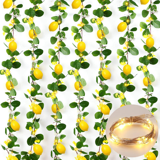 FineCheer 6 Pcs 5.74 ft Artificial Lemon Garland Lemon Vine Garland with Greenery Fake Fruit Party Decoration with Battery Powered Light for Home Door Wall Mantel Wedding Kitchen Table (Stylish Style)