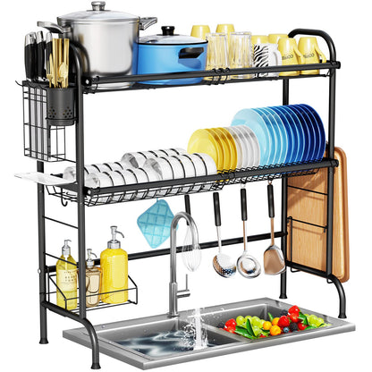 HOWDIA 3-Tier Over The Sink Dish Drying Rack,Stainless Steel Dish Rack with Cutlery Holder & Chopping Board Rack, 33.9” x 11.4” x 32.3” for Maximum Kitchen Storage（Black）