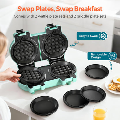 2-in-1 Double Waffle & Pancake Maker - CACHOO Mini 4" Nonstick Waffle Iron & Small Round Griddle with 4 Removable Plate Sets, Dishwasher Safe, Perfect for Small Spaces, Apartments & Dorms, Aqua