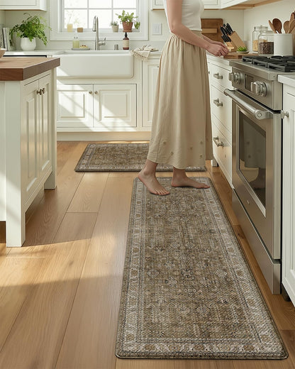 LUMI Anti Fatigue Kitchen Floor Mats Set of 2,Cushioned Comfort Standing PVC Rug Waterproof 2PCS, Non-Slip Ergonomic Foam Runner for Sink, Laundry, Office & Home,17x29+17x59,Tawny Echo