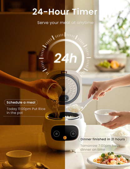 COMFEE' Mini Rice Cooker 4 Cups Cooked/2 Cups Uncooked, Portable Non-Stick rice maker, 24 hours Timer Delay, 6 Functions, Fast Cooker, Brown Rice, Oatmeal, White