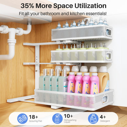 Under Sink Organizer, 1-Pack 3-Tier Thickened Metal Pull out Cabinet Organizer Shelf, Height Adjustable Slide out Storage Drawer Rack for Kitchen Bathroom Pantry Laundry Home Organization, White