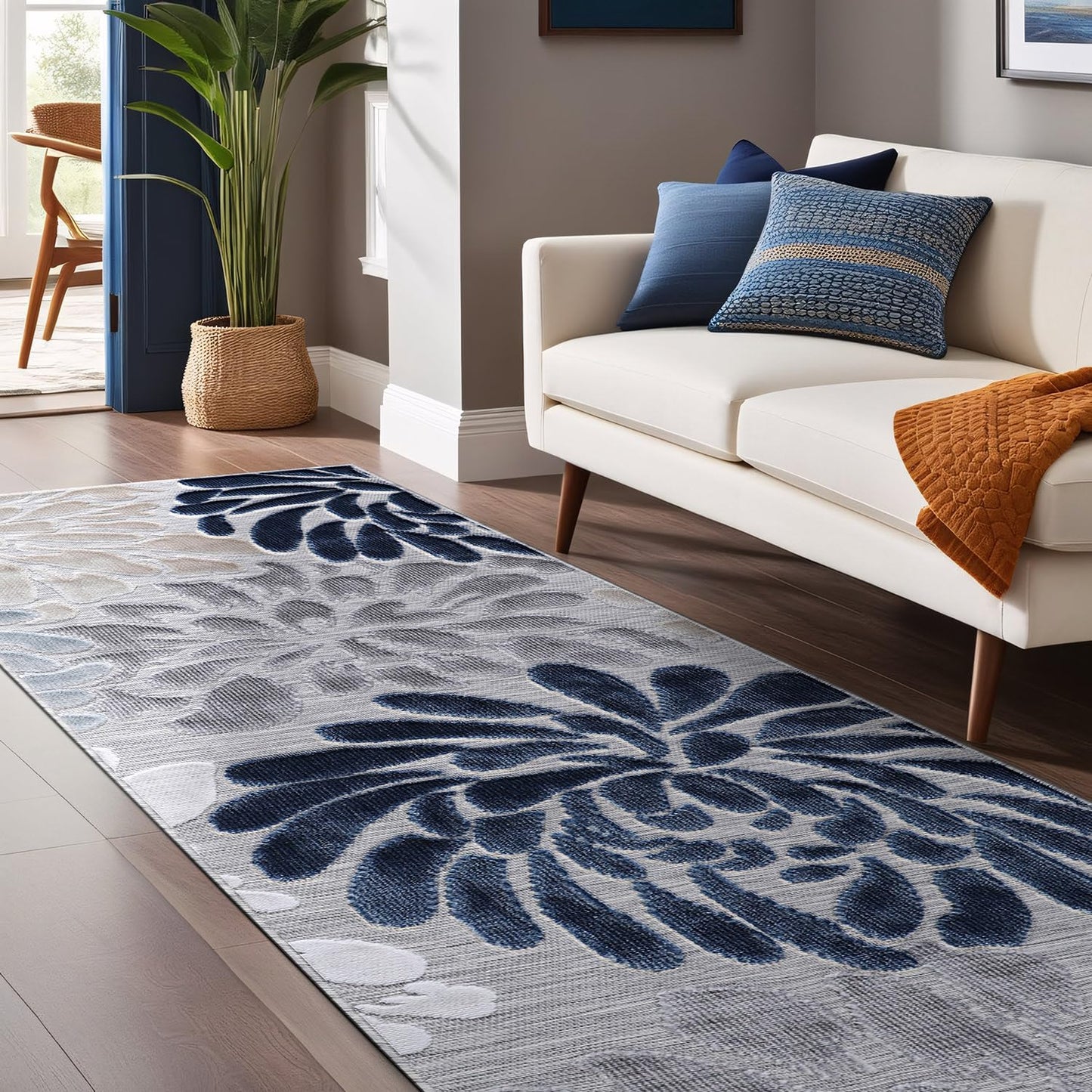Luul Home Floral Indoor Outdoor Runner Rugs 2x7 Entryway Rug, Kitchen, Hallway Rug Washable Stain Resistant Outside Carpet Blue 2 x 7