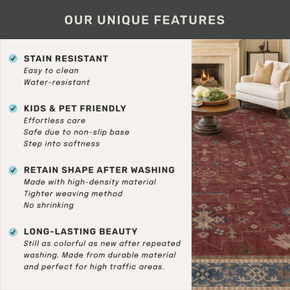 Dark Red 2'6''x8' Wide Hallway Runner Rug - Washable Kitchen Sink Rug, Non Slip 8ft Long Runner Rug for Entryway, Burgundy Turkish Floral Print Home Décor