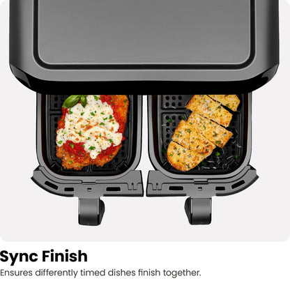 Chefman 6 Quart Dual Basket Air Fryer - Digital Touchscreen, Smart Sync Finish, Hi-Fry, Auto Shutoff, 2 Independent 3QT Nonstick Dishwasher-Safe Frying Baskets - Digital Double Air Fryer - Black