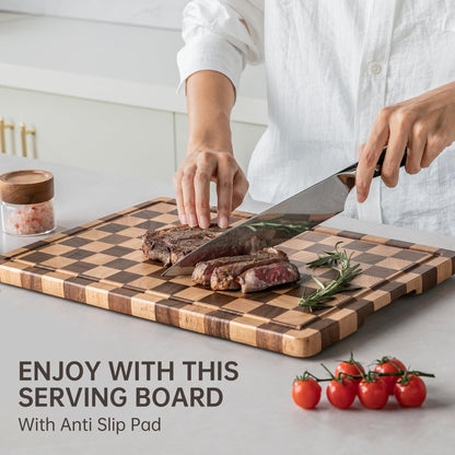 THETCHRY Cutting Boards for Kitchen, Design in USA Large Acacia Wood Chopping Board, Checkered Cutting Board with Juice Grooves & Handles, Butcher Block Serving Tray with Gift Box 16.5" x 11.6" x 0.8"