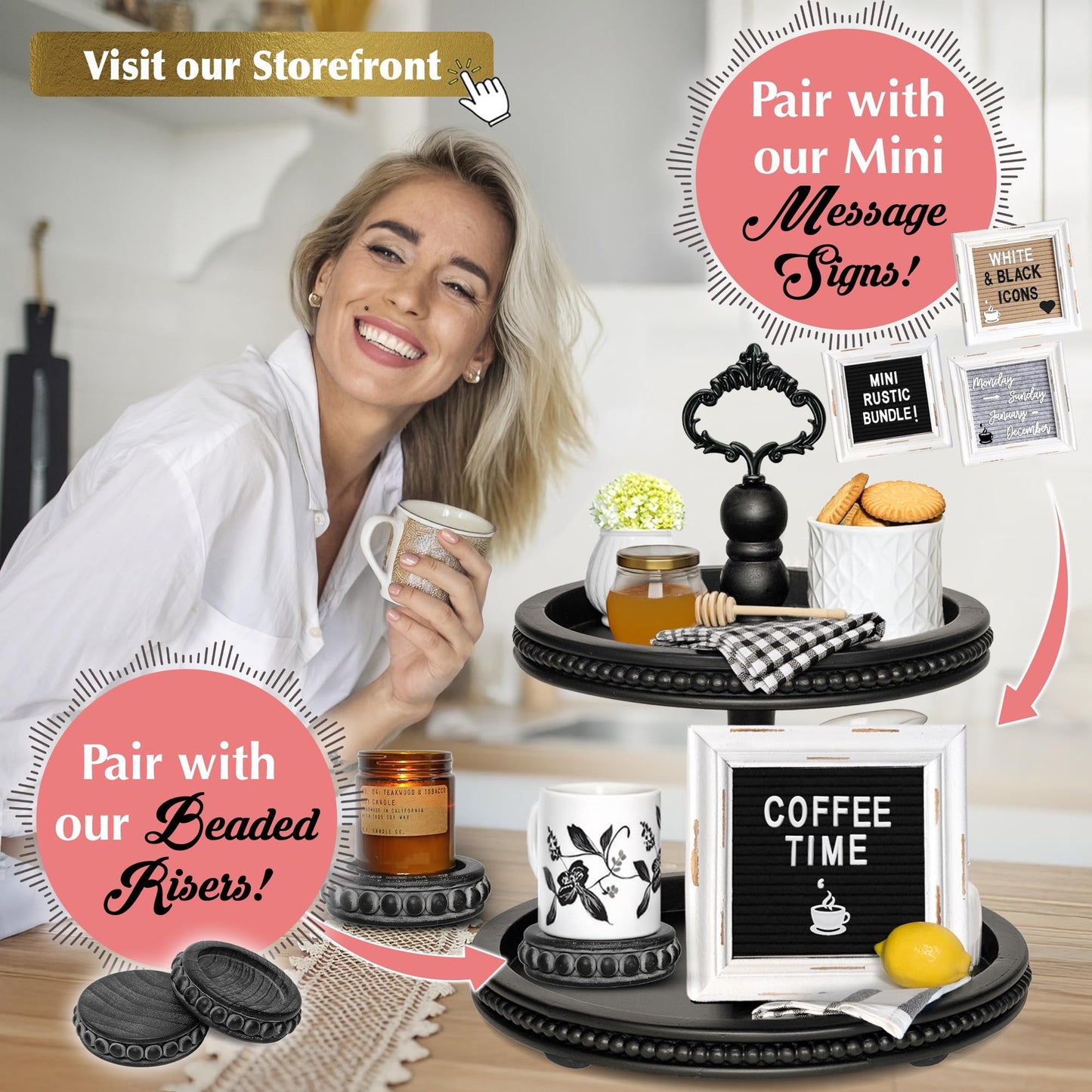 2 Tiered Tray Wooden Serving Stand by Felt Creative Home Goods. Small Beaded Tray for Home Decor Display Farmhouse Country Decoration Kitchen or Dining. Includes 3 Finial Custom Handles (Black)