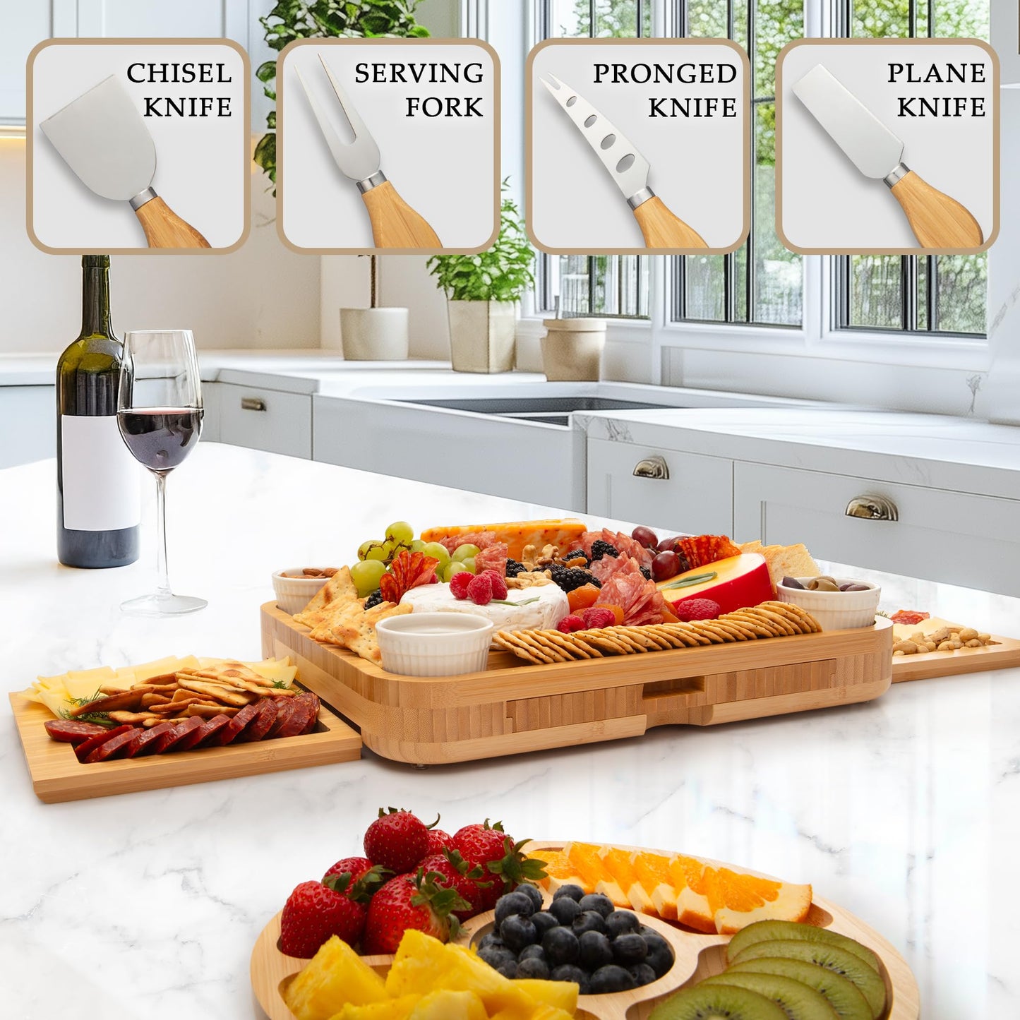 Zulay Charcuterie Board Set Extra Large - Great White Elephant Gift, Housewarming Gift for New Home, Bamboo Cheese Board - Charcuterie with Accessories, Wine and Cheese