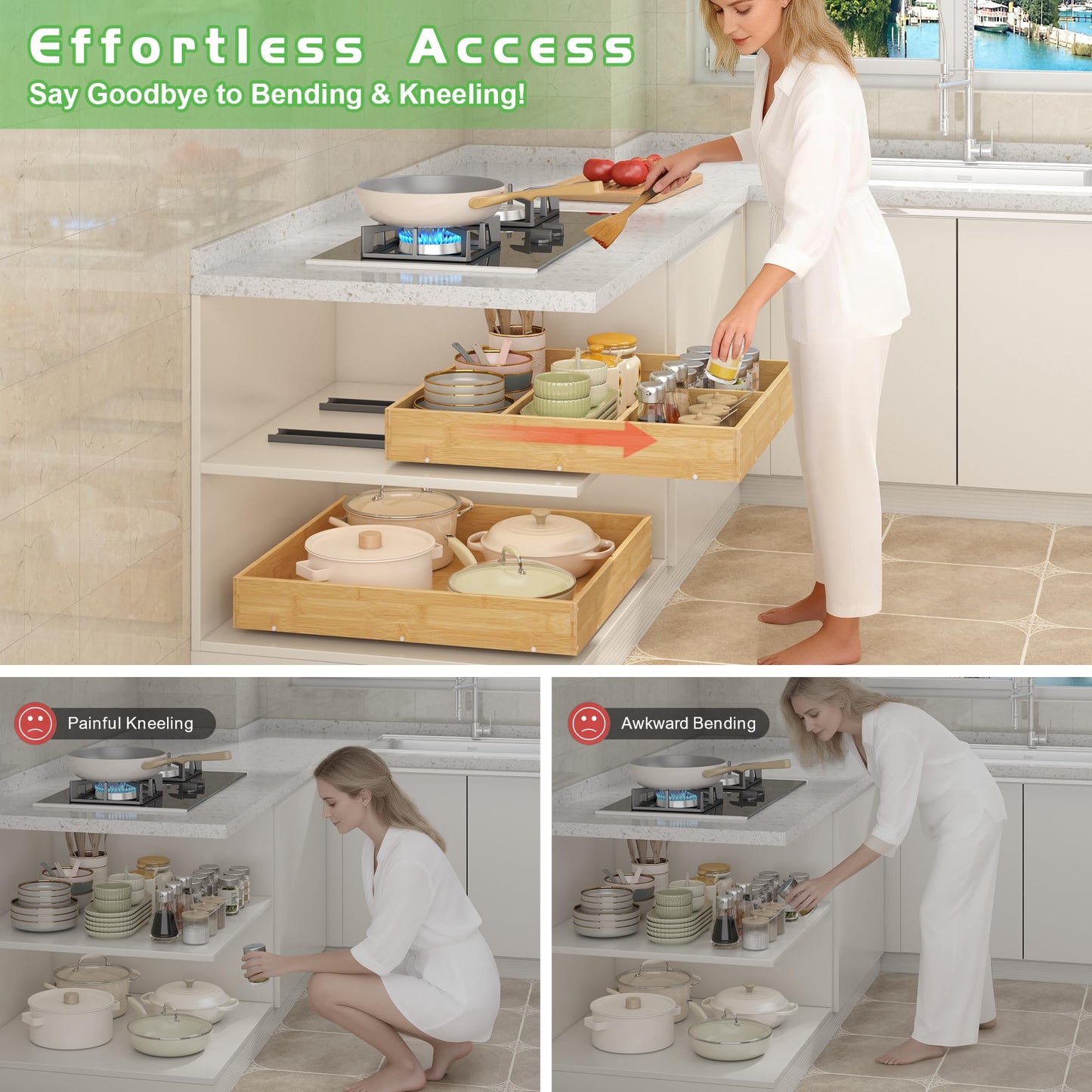 LUHENPING No Drill Pull Out Drawers for Cabinets, 20" W x 21" D Bamboo Adhesive Cabinet Organizer, Slide Out Shelves for Kitchen Pantry Bathroom Storage