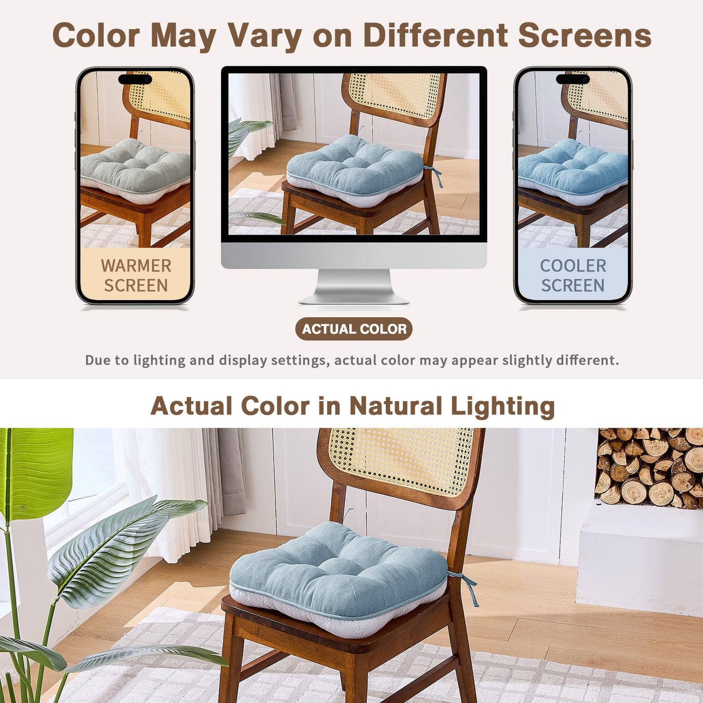 BETU Chair Cushions for Dining Chairs Set of 6,3.5" Thick Kitchen Table Chair Pads with Ties,Non Slip Backing and Covers, Seat Cushion for Dining Room,Bar,Patio Chairs,15.5"X15.5"X3.5",Smoky Blue