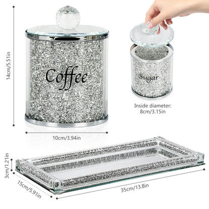 Topsky Coffee Sugar Tea Crystal Canister Set of 4,Sparkly Crystal Crushed Diamonds Home Decor,Silver Kitchen Coffee Jar Storage Set with Label & Lid,Storage Container Set for Countertop,Dining Room