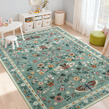 Iplusmall 5x7 Area Rugs for Living Room, Soft Washable Insect Rug for Bedroom, Floral Butterfly Low Pile Modern Carpet Non Slip Thin Large Throw Carpets for Dining Room Kitchen Home Office,Light Green