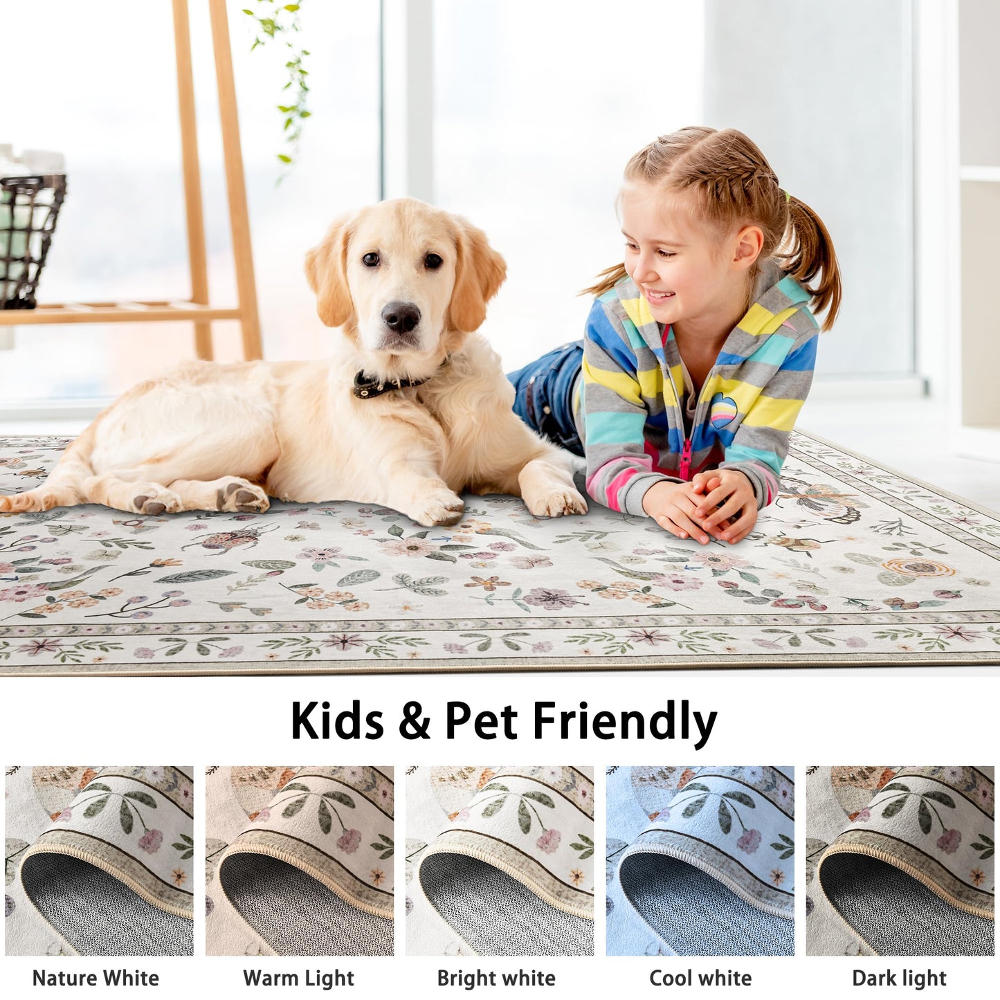 Foxmas Washable Area Rugs for Living Room, 5x7 Non-Slip Butterfly Floral Print Throw Rug, Low Pile Modern Indoor Floor Rug, Carpet for Bedroom Dining Room Laundry Room Kitchen Home Office，Beige