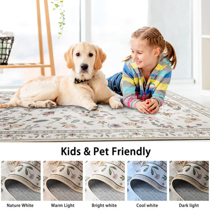 Foxmas Washable Area Rugs for Living Room, 5x7 Non-Slip Butterfly Floral Print Throw Rug, Low Pile Modern Indoor Floor Rug, Carpet for Bedroom Dining Room Laundry Room Kitchen Home Office，Beige