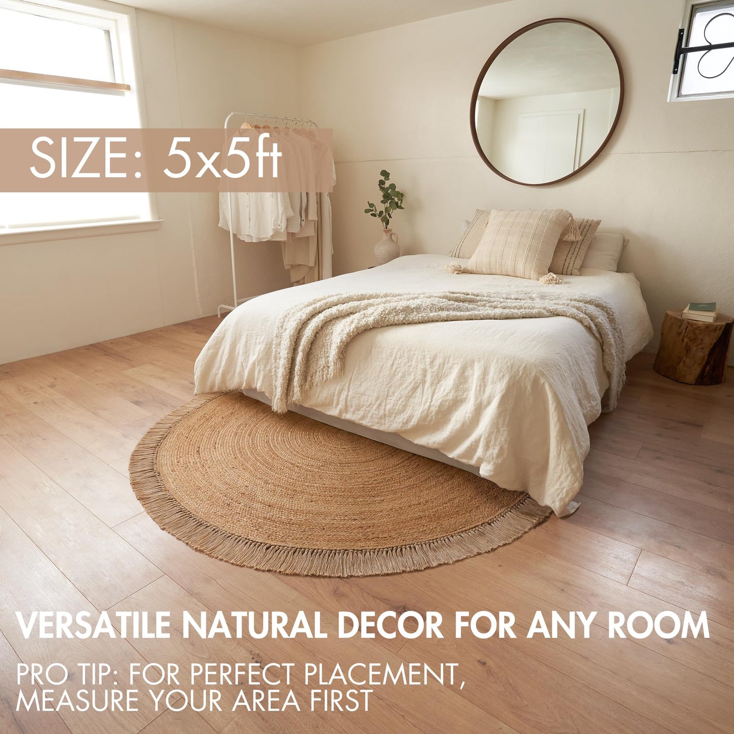 KIBAGA Beautiful 5x5 ft Round Jute Area Rug for Your Home - This Natural Hand Woven Rug Fits Perfectly Into Your Entry Area, Kitchen Or Living Room - Modern Braided Circle Mat Enhances Any Boho Decor