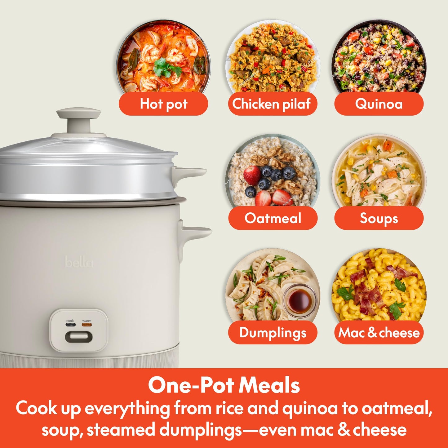 bella 16 Cup Rice Cooker with Steamer, Dishwasher Safe Steaming Basket, Rice Paddle and Measuring Cup, Removable Nonstick Cooking Bowl, Automatic Keep Warm Function, 400 Watt, Oatmilk