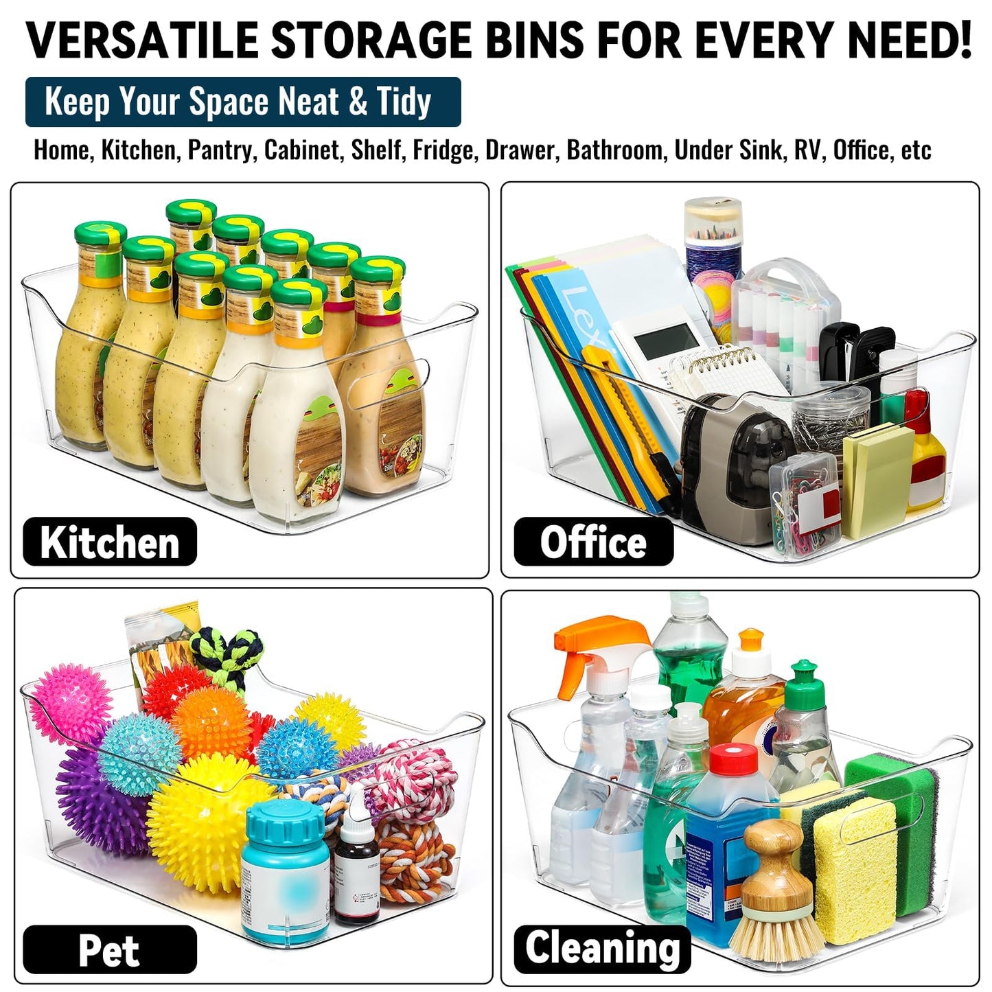 12 PACK Multi-Use Clear Plastic Storage Bins for Organizing w/ Labels - Home, Kitchen, Pantry, Bathroom, Office, Cabinet Shelf Organizer Bins - SOHO Collection, RV, Fridge Organization Containers -XL