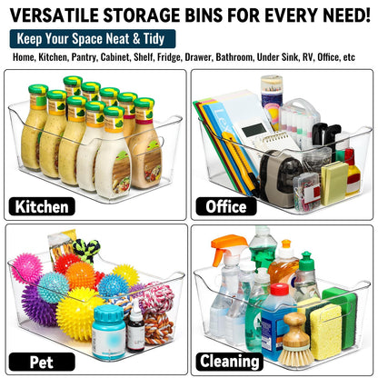 12 PACK Multi-Use Clear Plastic Storage Bins for Organizing w/ Labels - Home, Kitchen, Pantry, Bathroom, Office, Cabinet Shelf Organizer Bins - SOHO Collection, RV, Fridge Organization Containers -XL