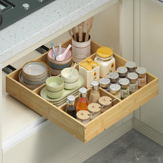 LUHENPING No Drill Pull Out Drawers for Cabinets, 20" W x 21" D Bamboo Adhesive Cabinet Organizer, Slide Out Shelves for Kitchen Pantry Bathroom Storage