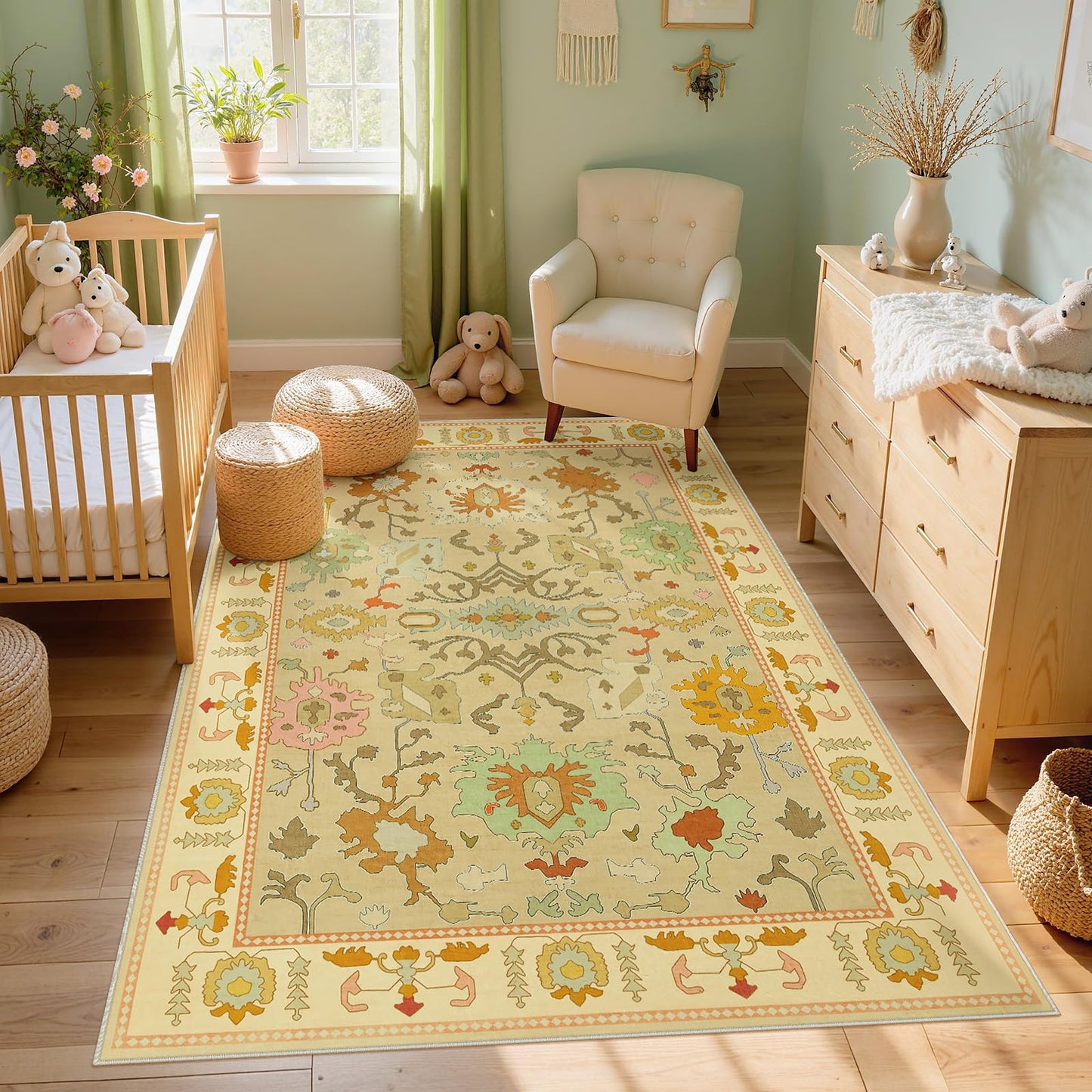 Joydeco Oushak Orange Rug for Living Room, Washable Carpet for Bedroom Non Slip, Boho Floral Ultra-Thin Soft Indoor Floor Throw Rugs for Entryway Dining Table Nursery Home Kitchen
