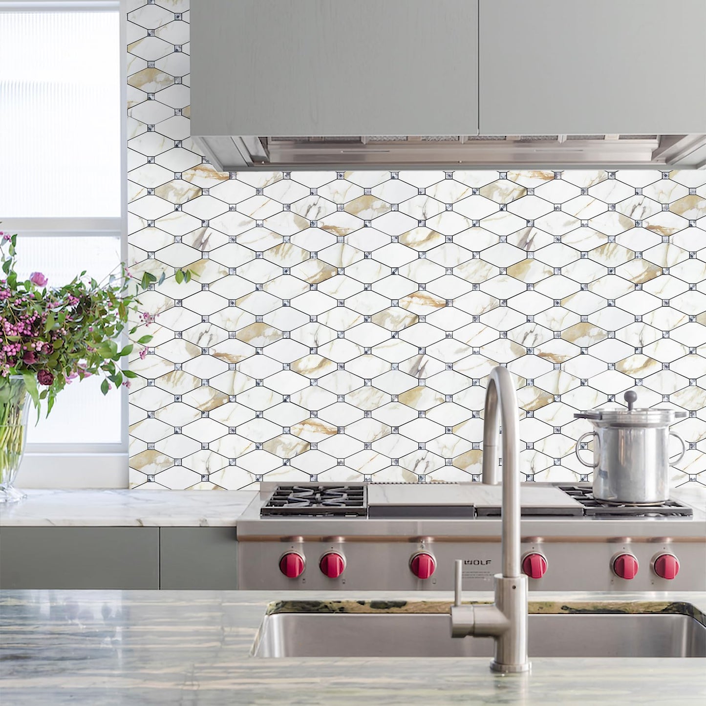 STICKGOO 10 Sheets Peel and Stick Backsplash, Calacatta Golden Stick on Mosaic Tiles for Kitchen Wall Decor, Self Adhesive Long Hexagon PVC Tile Kitchen Backsplash