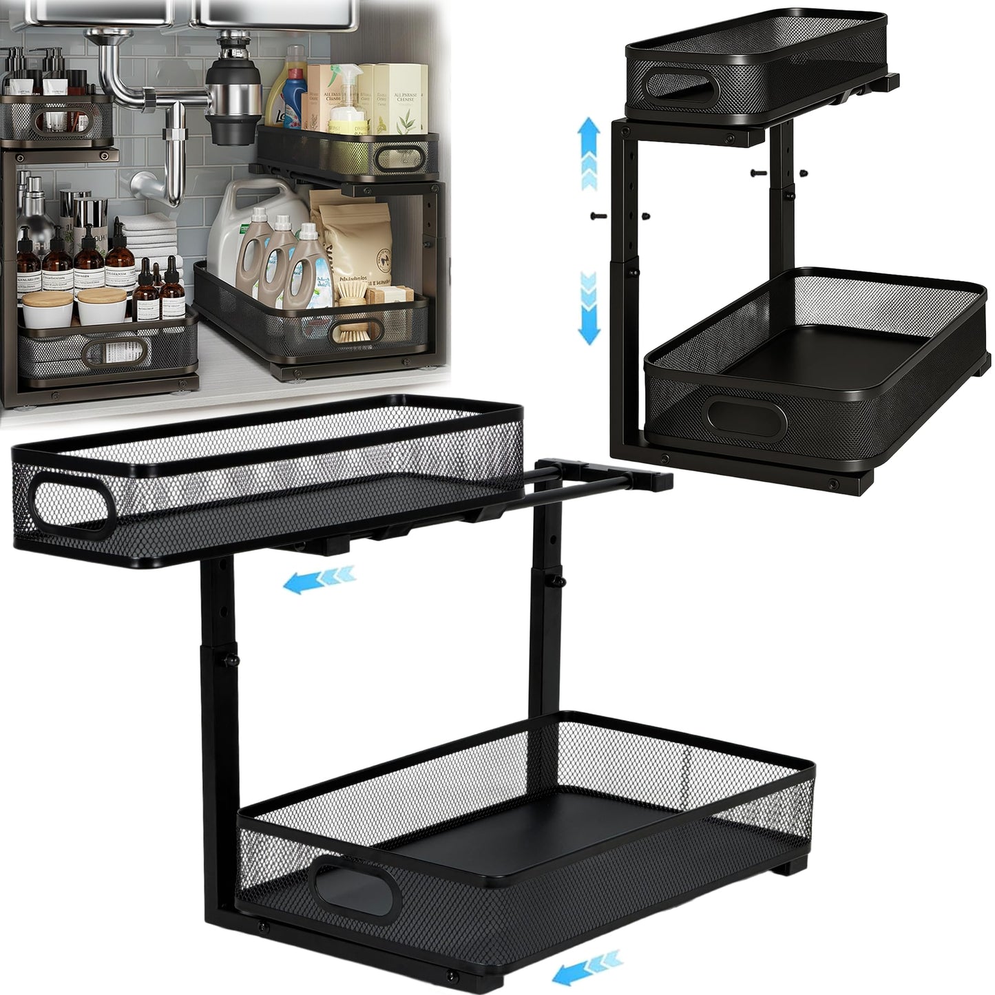 ValorTiger 2 Pack Under Sink Organizer, Dual-Layer Pull Out Mesh Cabinet Rack with 5-Level Height Adjustment, Rust-Resistant Sliding Storage for Bathroom & Kitchen, Multi-Purpose 2-Tier Shelf(Black)