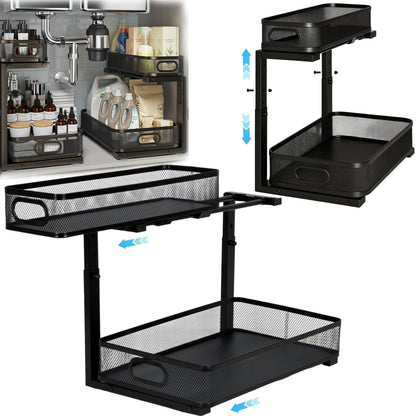 ValorTiger 2 Pack Under Sink Organizer, Dual-Layer Pull Out Mesh Cabinet Rack with 5-Level Height Adjustment, Rust-Resistant Sliding Storage for Bathroom & Kitchen, Multi-Purpose 2-Tier Shelf(Black)