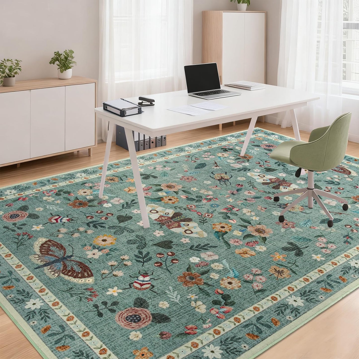 Iplusmall 5x7 Area Rugs for Living Room, Soft Washable Insect Rug for Bedroom, Floral Butterfly Low Pile Modern Carpet Non Slip Thin Large Throw Carpets for Dining Room Kitchen Home Office,Light Green