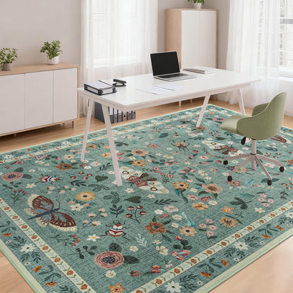 Iplusmall 5x7 Area Rugs for Living Room, Soft Washable Insect Rug for Bedroom, Floral Butterfly Low Pile Modern Carpet Non Slip Thin Large Throw Carpets for Dining Room Kitchen Home Office,Light Green