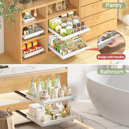 4 Pack Pull Out Cabinet Organizers Expandable (11.6''-17.5''), Plastic Slide Out Drawers for Kitchen, Bathroom, Pantry, Under Sink Storage, Pull Out Drawers Fixed with Adhesive Nano Film (White)