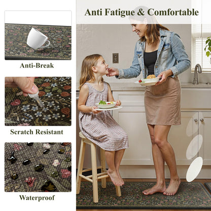 Collive Kitchen Mats for Floor 2PCS, Cushioned Anti Fatigue Rugs Non-Slip Waterproof Kitchen Sink Mat, Green Floral Standing Mat for Bar, Office, Desk, Home Decor