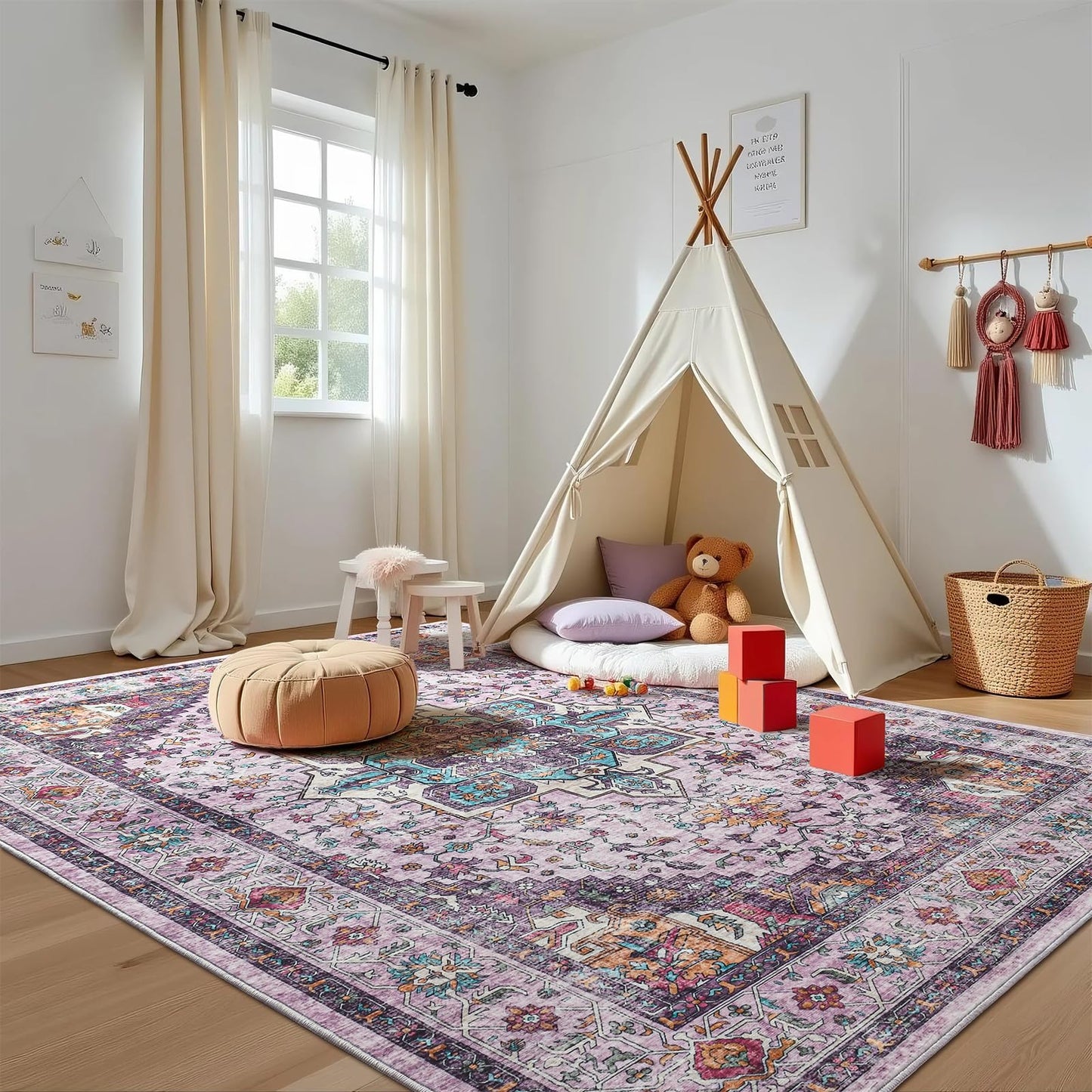 Softlife Washable Area Rug for Living Room, 5x7 Purple Large Boho Accent Rugs for Bedroom Bathroom Kitchen Under Dinning Table, Neutral Non-Slip Carpet for Nursery Kids Laundry Dorm Home Decor