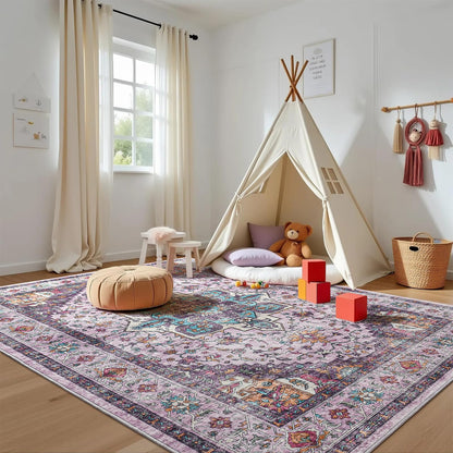 Softlife Washable Area Rug for Living Room, 5x7 Purple Large Boho Accent Rugs for Bedroom Bathroom Kitchen Under Dinning Table, Neutral Non-Slip Carpet for Nursery Kids Laundry Dorm Home Decor