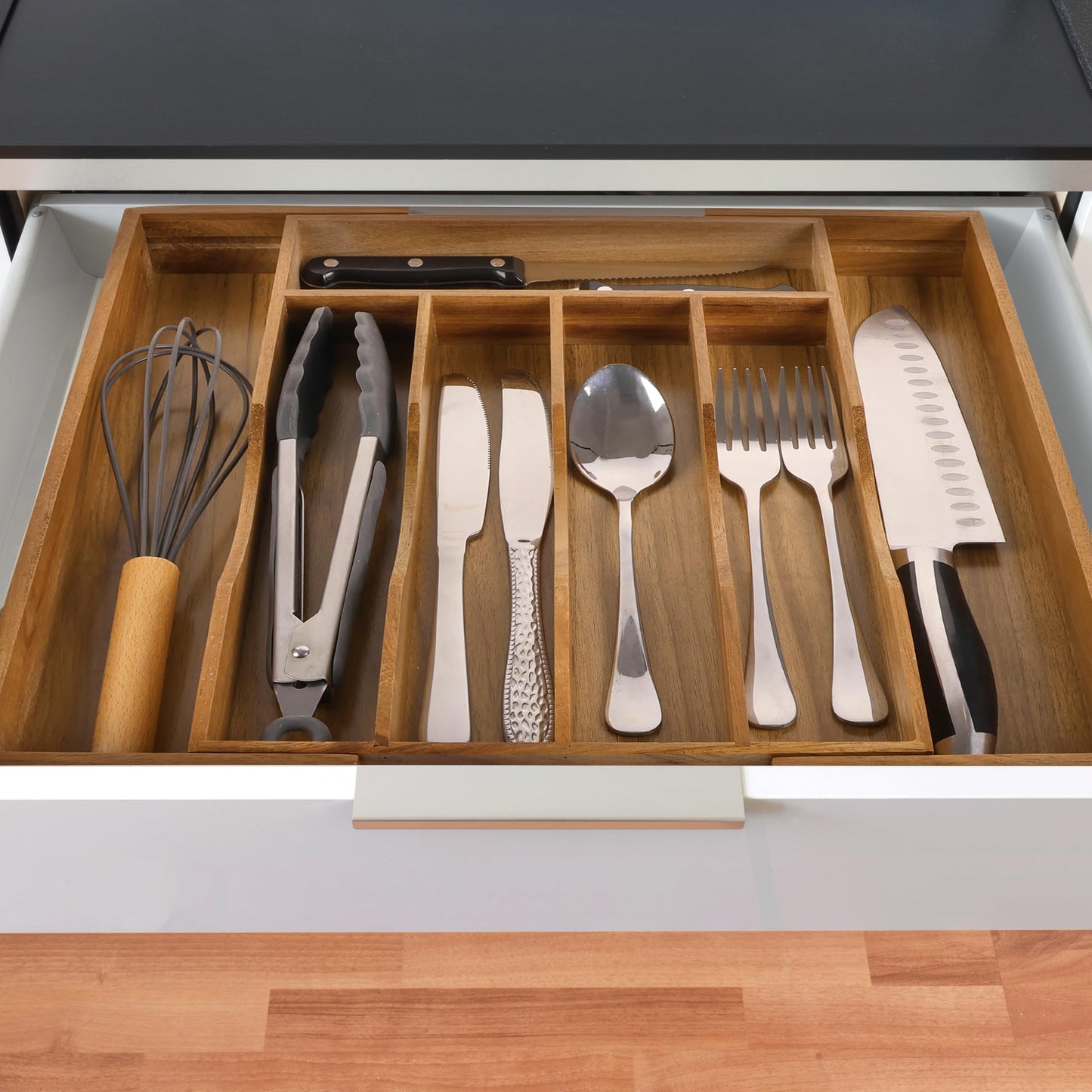oridom Expandable Acacia Kitchen Drawer Organizer for Cutlery and Utensils, Adjustable Acacia Wood Cutlery Tray in Drawer for Flatware and Silverware in Kitchen