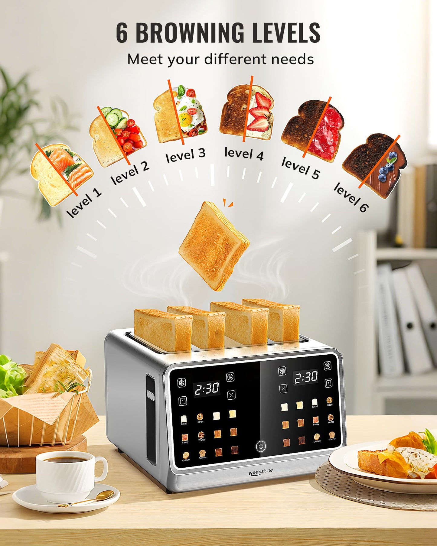 Toaster 4 Slice with TouchScreen, Memory Function & Single-Slot Focus, Keenstone 1800W Smart Digital Toaster for Ultimate Control, Wide Slot to Reheat & Defrost Bagels, Bread, Waffles, Stainless Steel