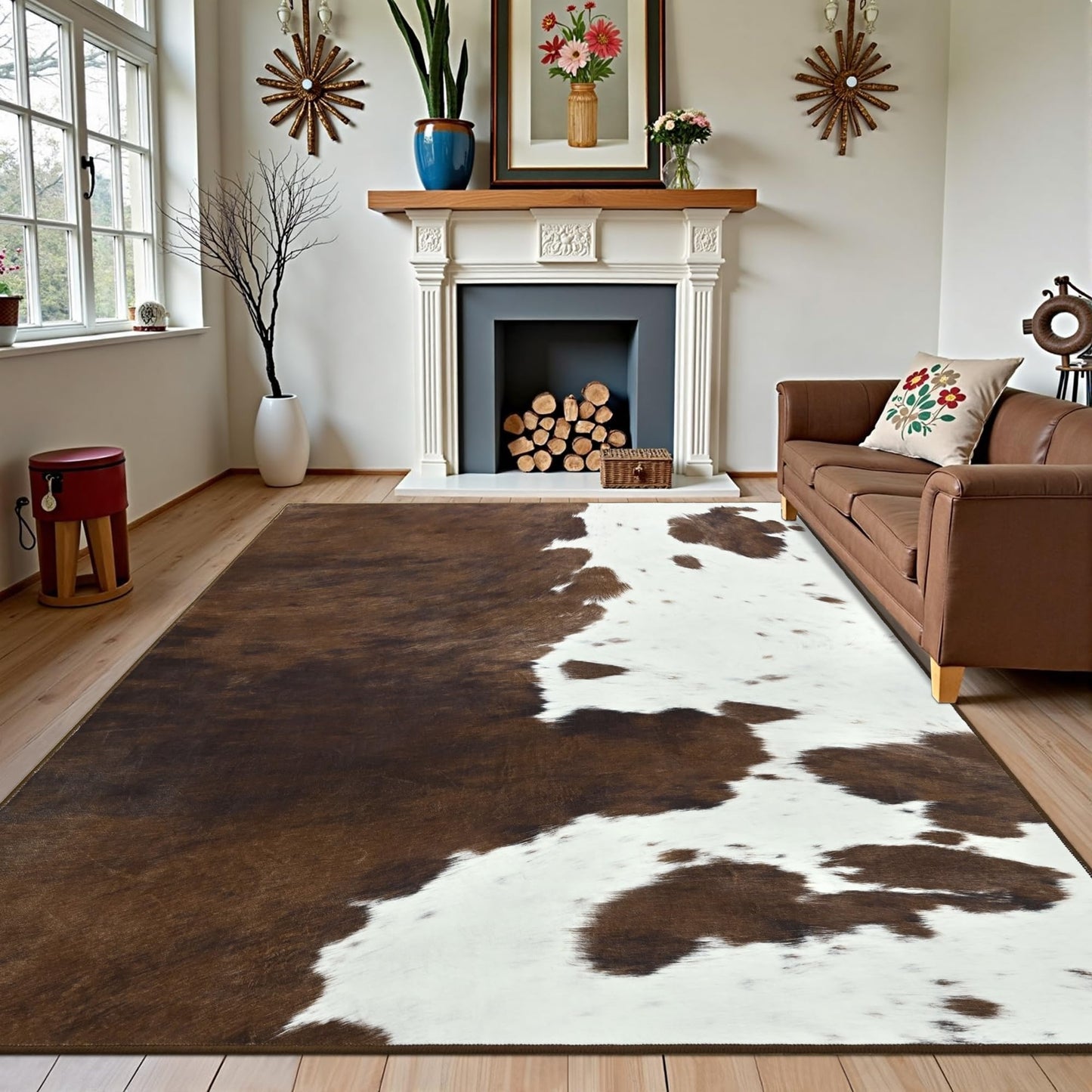 Foxmas Cow Print Rugs for Living Room, 5x7 Feet Washable Non-Slip Indoor Floor Rug, Carpet for Bedroom Dining Room Kitchen Office Western Home Decor, Brown