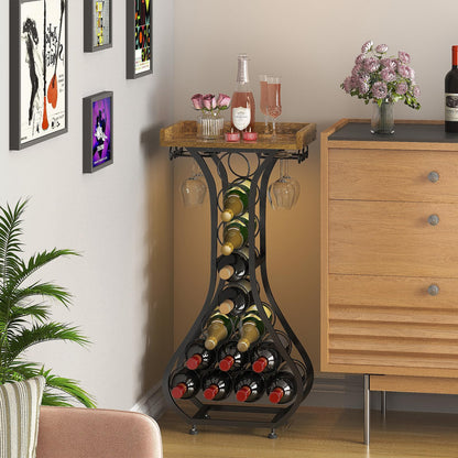 X-cosrack Wine Rack Freestanding Floor, Mini Bar Table Wine Holder Stand Liquor Cabinet with Glass Holder Wood Tabletop 14 Bottles Floor Wine Storage for Home Bar Kitchen Living Room
