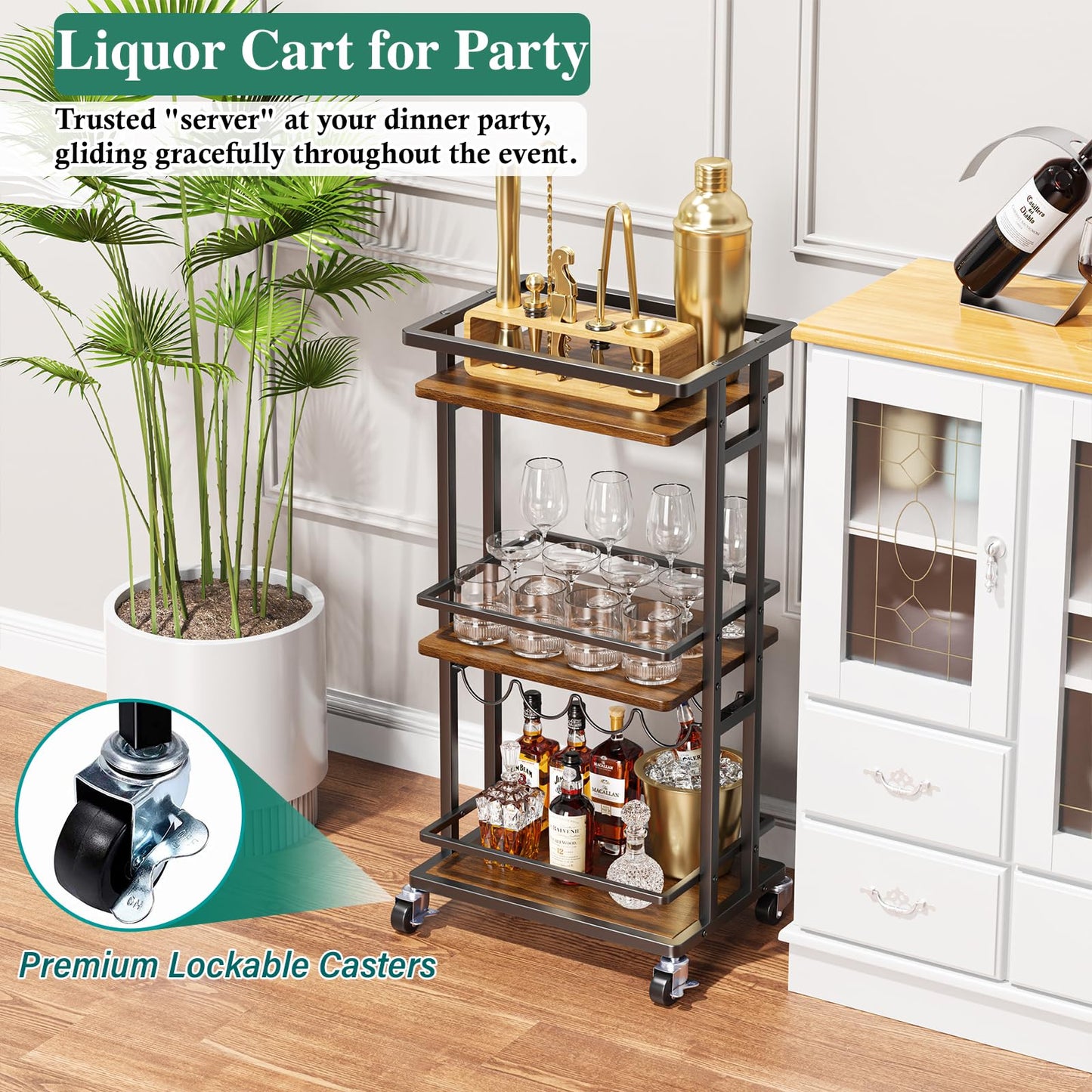 OKZEST 3-Tier Liquor Cabinet with Wine Rack, Mini Bar Cart for Home, Small Liquor Bar for Alcohol, Rolling Kitchen Serving Cart on Wheels, Wine Drink Cart for Party, Bar Stand for Small Space