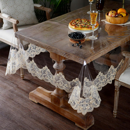 ARTABLE Vinyl PVC Rectangle Tablecloth Waterproof Clear Table Cover with Champagne Lace Macrame Border for Wedding Kitchen Home Outdoor Indoor Holidays Party Decor (Gold, 60 x 104 Inch)